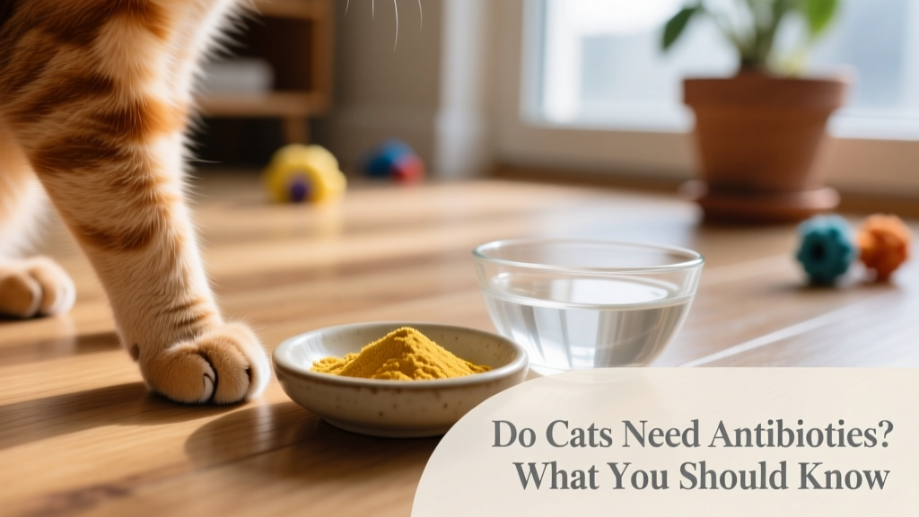 A close-up of a cat’s paw resting beside a small dish of probiotic powder and a water bowl