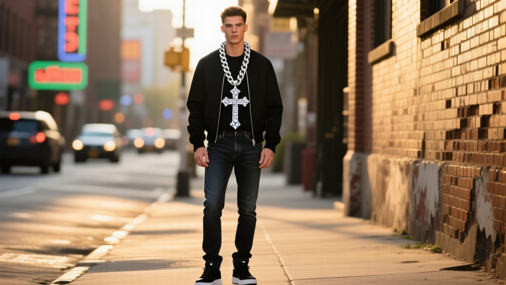 Man wearing a thick rhodium rope chain with an iced-out diamond cross bling pendant, urban street style lighting, sharp focus