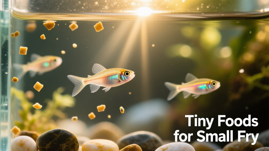 Close-up of tiny fish fry swimming near suspended food particles in a clear aquarium