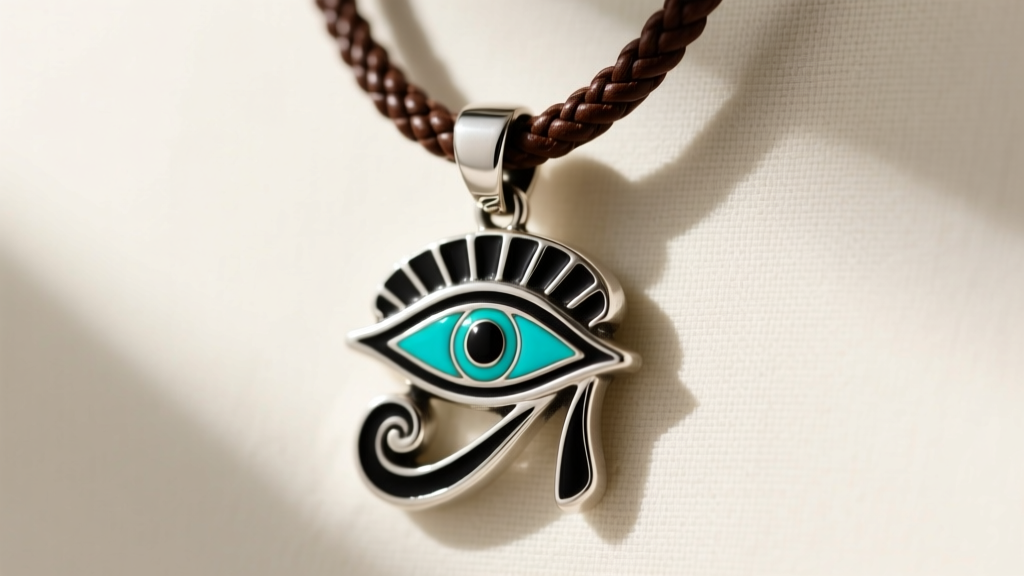 Close-up of a 925 sterling silver Eye of Horus pendant with black and turquoise cold enamel detailing on a woven leather cord