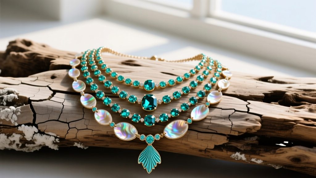 Flat lay of layered mermaid necklaces featuring abalone shell pendants and aquamarine gems resting on weathered coastal driftwood
