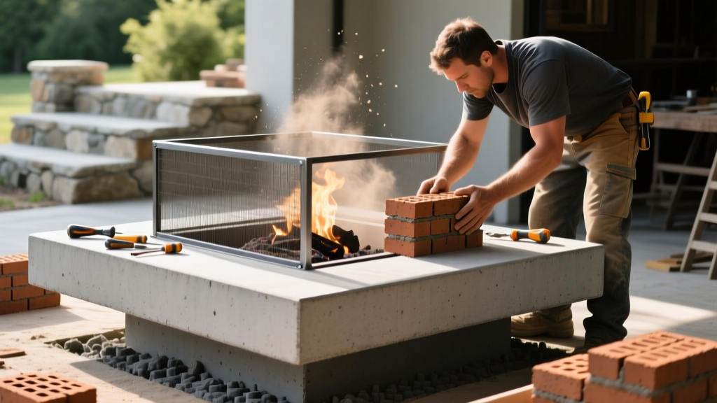 Mason installing ASTM-rated refractory firebrick in a stone fire pit with insulated concrete footing and steel spark screen