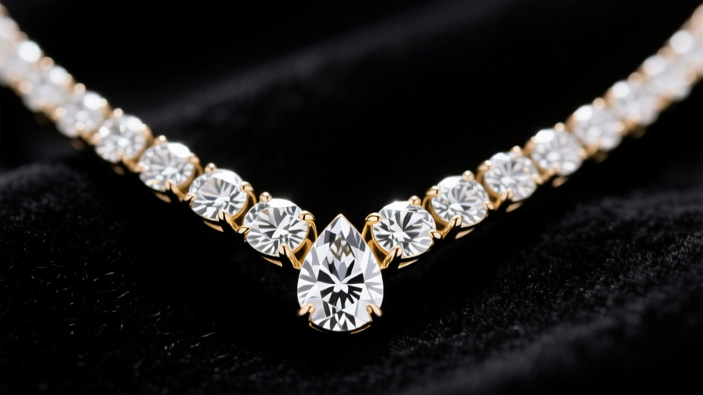 Close-up of a white gold pear shaped diamond tennis necklace on dark velvet, highlighting V-prong settings and brilliant facets