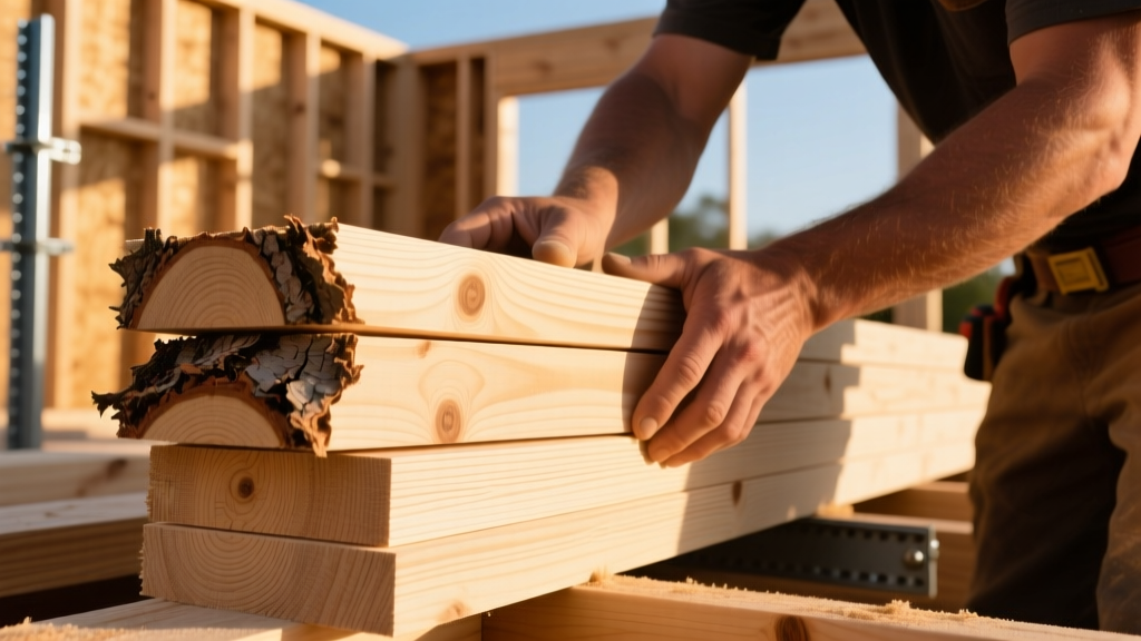 Close-up of a builder comparing a stack of rough-sawn Douglas Fir dimensional lumber with smooth LVL engineered beams on a residential framing site