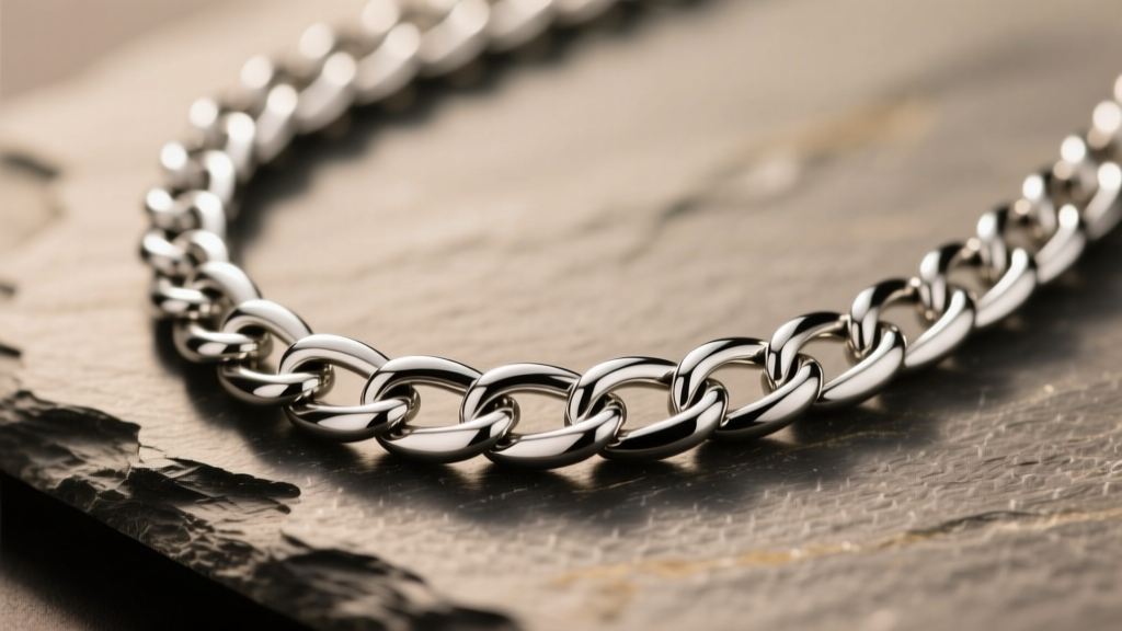 Macro shot of a polished 316L stainless steel curb chain necklace on slate, highlighting laser-welded links under soft lighting