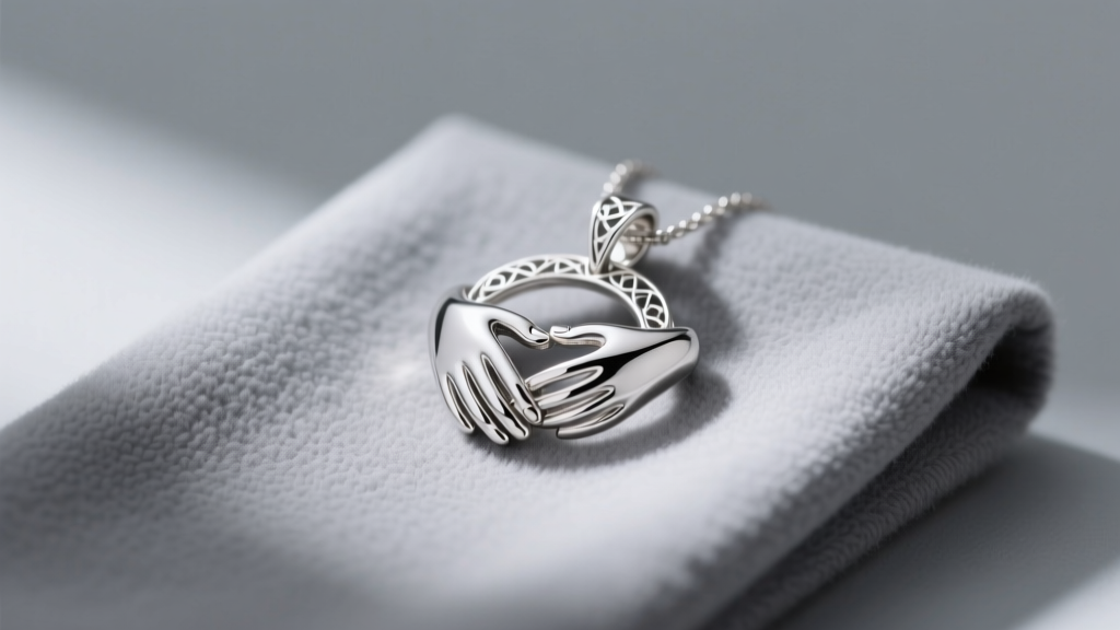 Delicate sterling silver interlocking hands pendant resting on a gray microfiber cloth under soft, diffused studio lighting.
