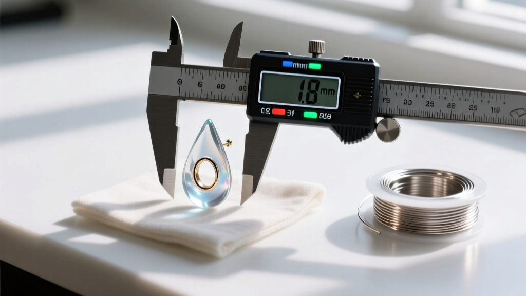 Jeweler workbench showing digital calipers measuring a hollow-core resin spike earring next to a spool of 14-gauge titanium wire