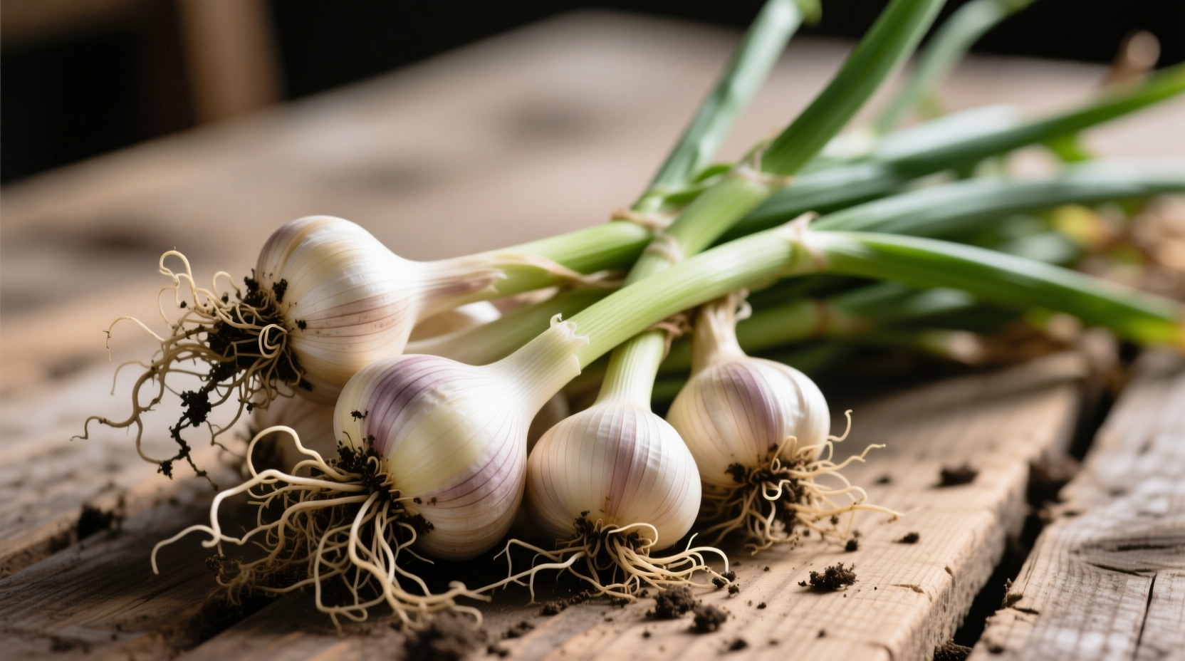 Properly harvested garlic bulbs with roots and stalks intact