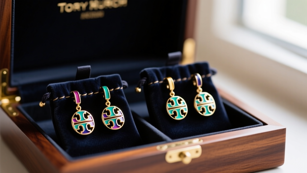 Tory Burch enamel drop earrings stored individually in dark velvet anti-tarnish pouches inside a lined mahogany jewelry box.