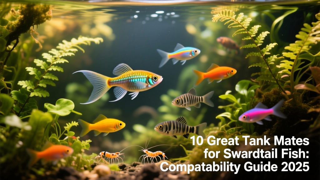 A vibrant community aquarium featuring swordtail fish swimming among live plants and gentle tank mates