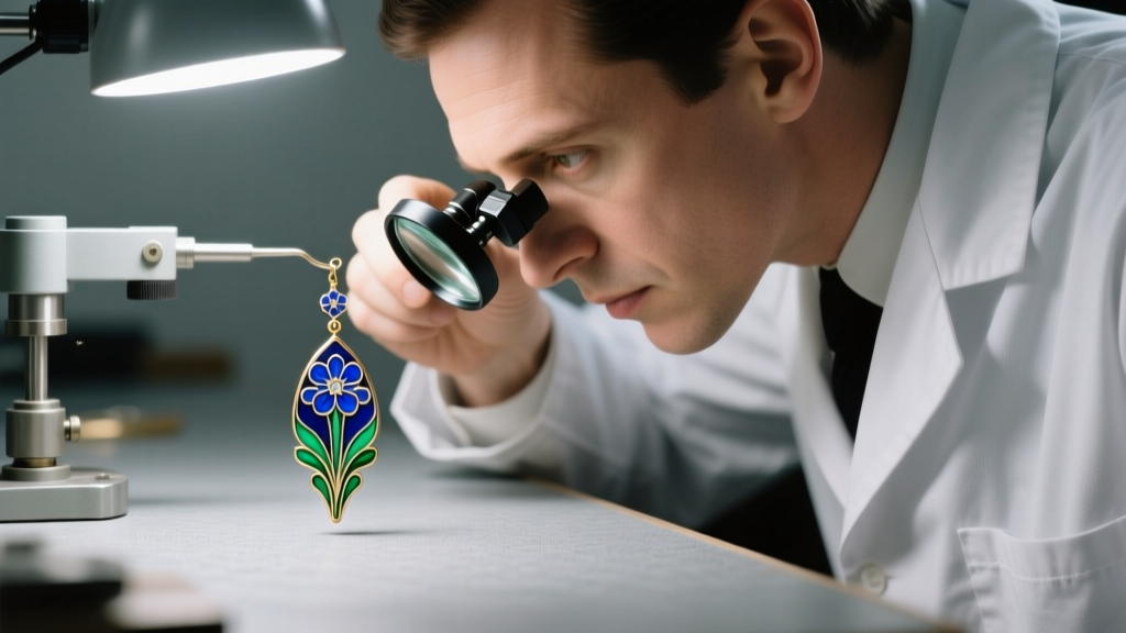 Jeweler using a 10x loupe to inspect the glass enamel of a vintage drop earring for micro-fractures under bright LED lighting