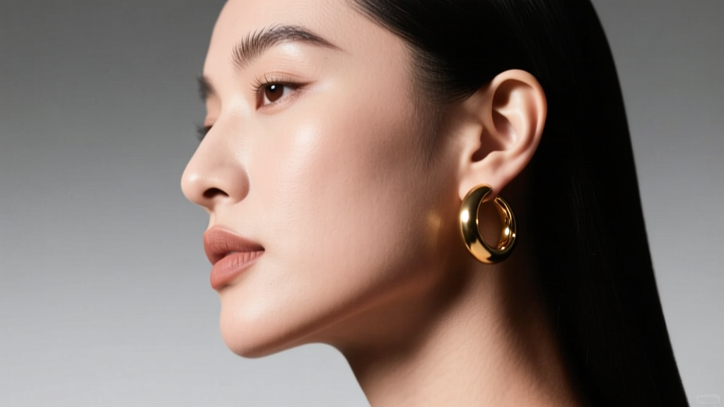 Side profile of a woman with a square jawline wearing 25mm medium-sized round gold hoop earrings, studio lighting setup