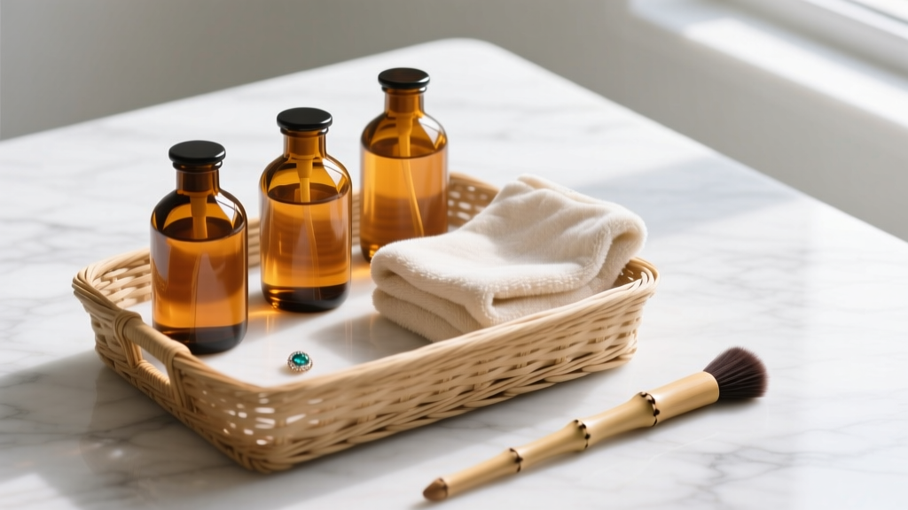 Elegant gift basket with amber glass bottles of homemade jewelry cleaner, microfiber cloth, and bamboo brush on white marble.