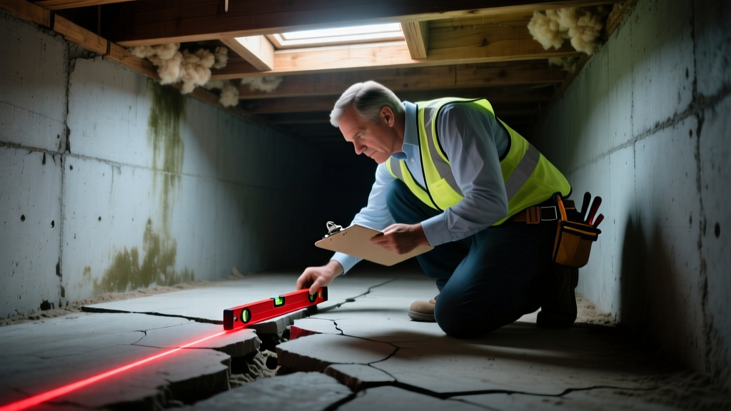 Engineer inspecting a cracked concrete slab foundation with a laser level and clipboard in a dimly lit Texas crawl space