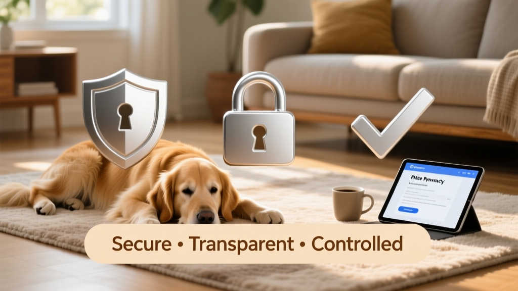 Visual representation of data privacy icons: shield, lock, and checkmark, labeled 'Secure • Transparent • Controlled'