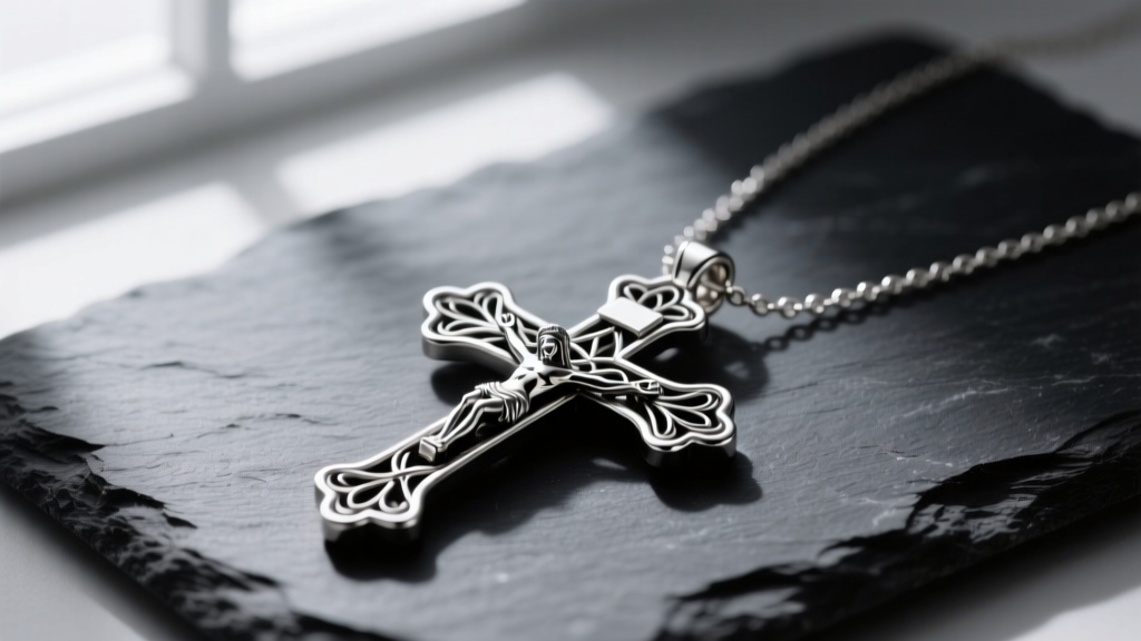 Close-up of a sterling silver pardon crucifix necklace on slate, showing dark oxidized filigree and bright polished high edges.
