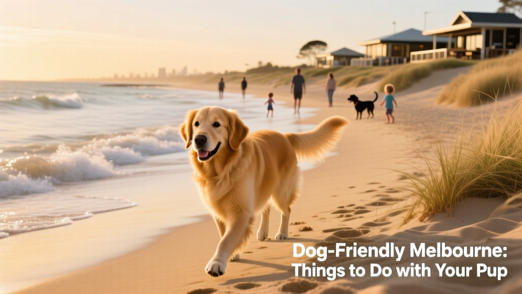 a Golden Retriever walking confidently along the sandy shoreline of a calm Melbourne beach