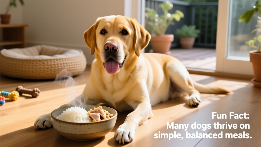a yellow Labrador lying upright panting over a ceramic bowl of plain boiled rice and shredded chicken