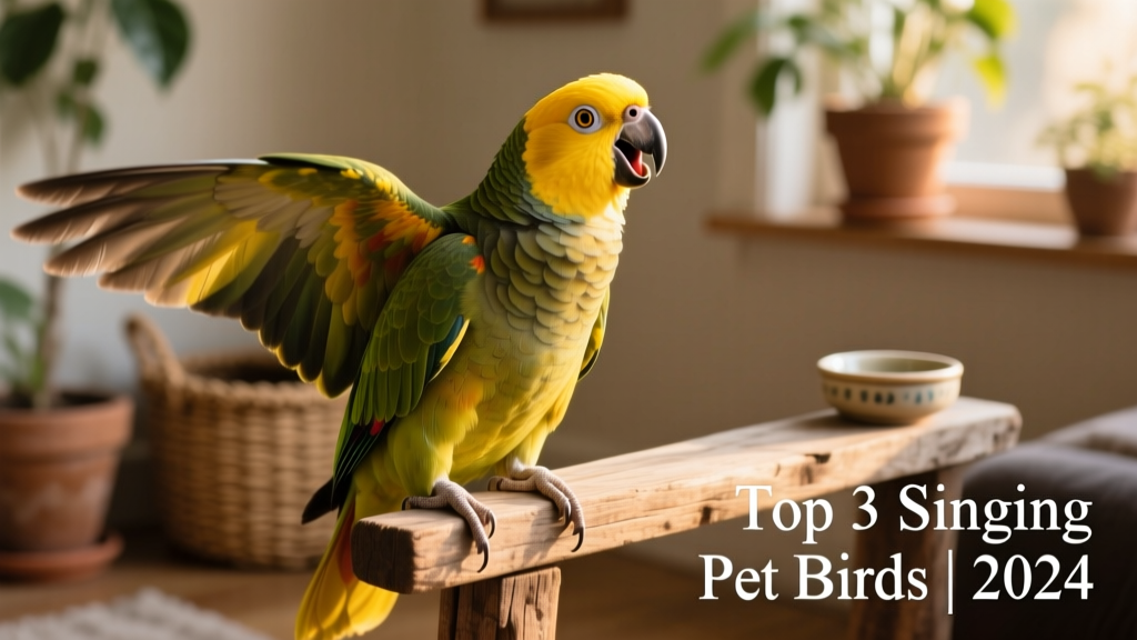A yellow-naped Amazon parrot standing tall on a perch, wings slightly flared, beak open mid-song