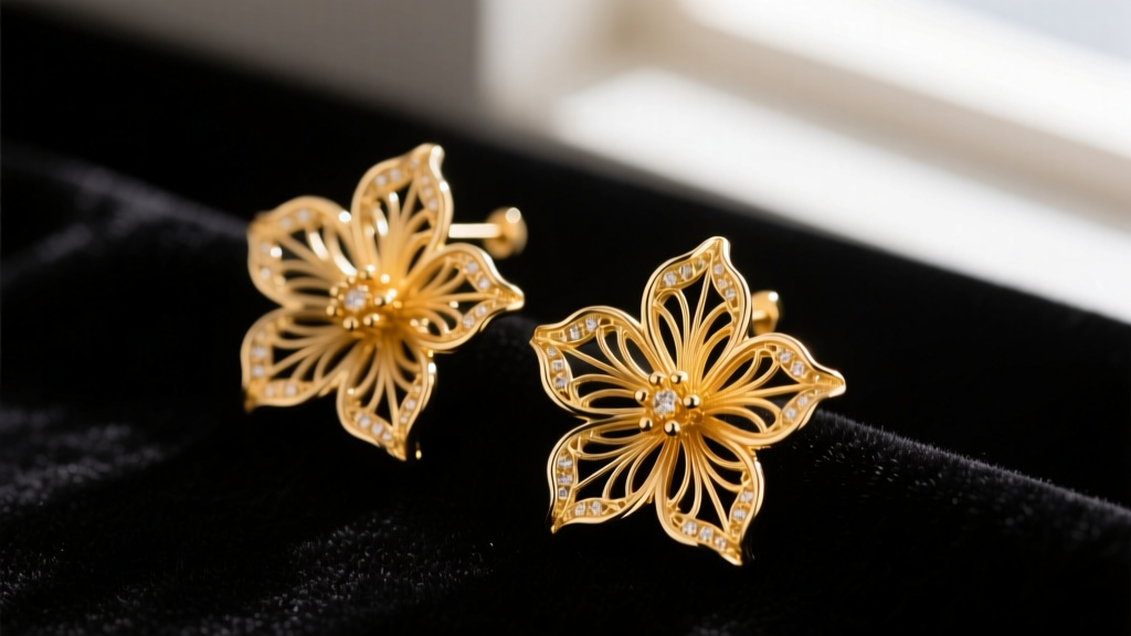 Close-up of 14k gold floral design earrings with filigree petals on dark velvet under soft light to highlight fine metal textures.