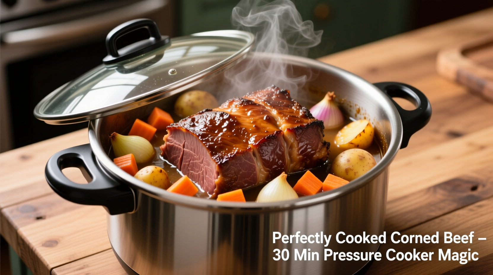 Perfectly cooked corned beef in pressure cooker with vegetables