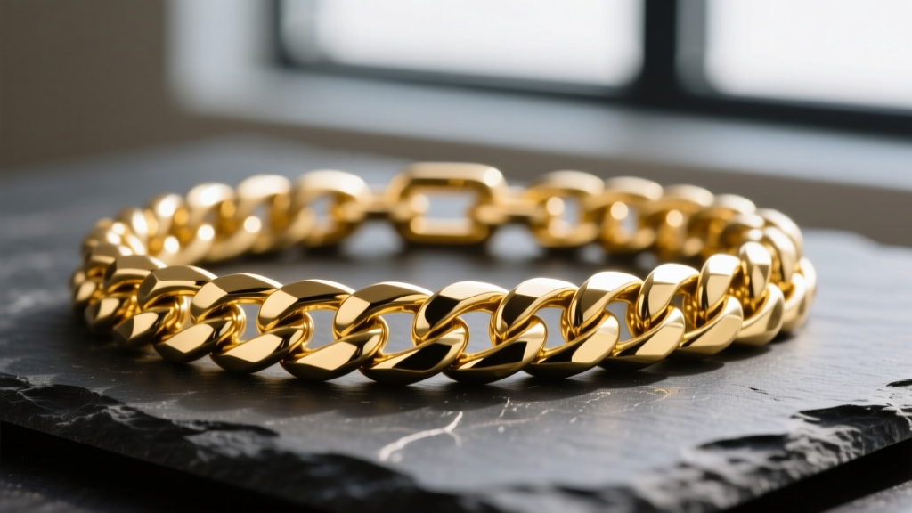 Macro shot of a thick 14k yellow gold Cuban link chain on dark slate, highlighting interlocking links and high-polish facets.