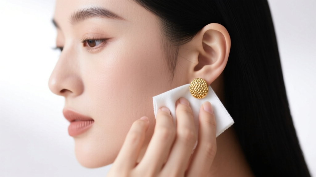 Close-up of a woman gently wiping a textured gold ear cuff with a microfiber cloth, soft natural lighting highlighting the metal.
