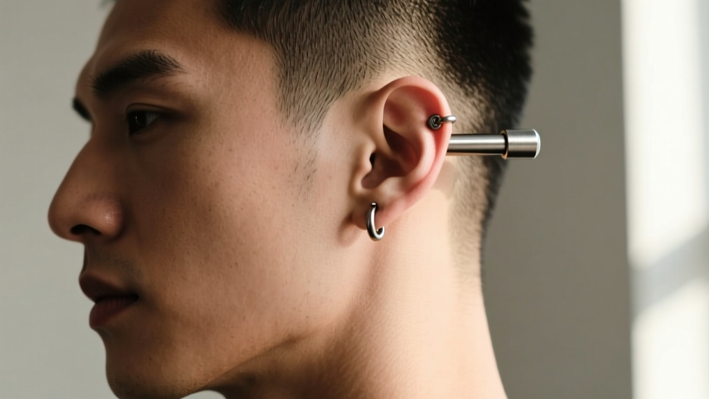 Side profile of a man showcasing a 14-gauge industrial bar with raw brushed titanium texture crossing the upper ear cartilage.