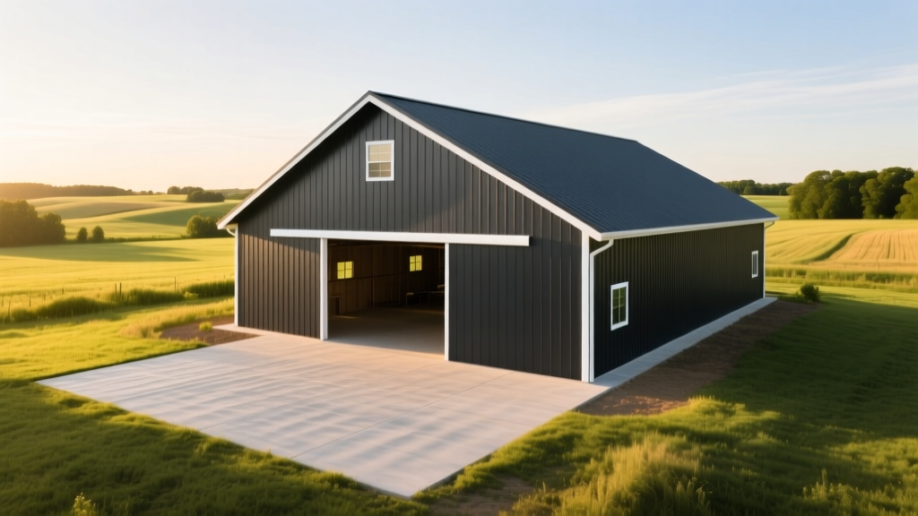 Exterior of a new 30x40 pole barn with dark charcoal steel siding, white trim, and a concrete apron in a bright rural setting