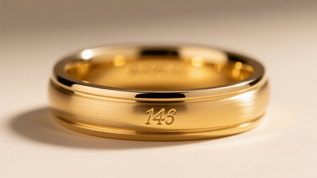 Macro photography of a 14k yellow gold ring shank showing a crisp maker's mark and karat stamp under bright jewelry loupe lighting.