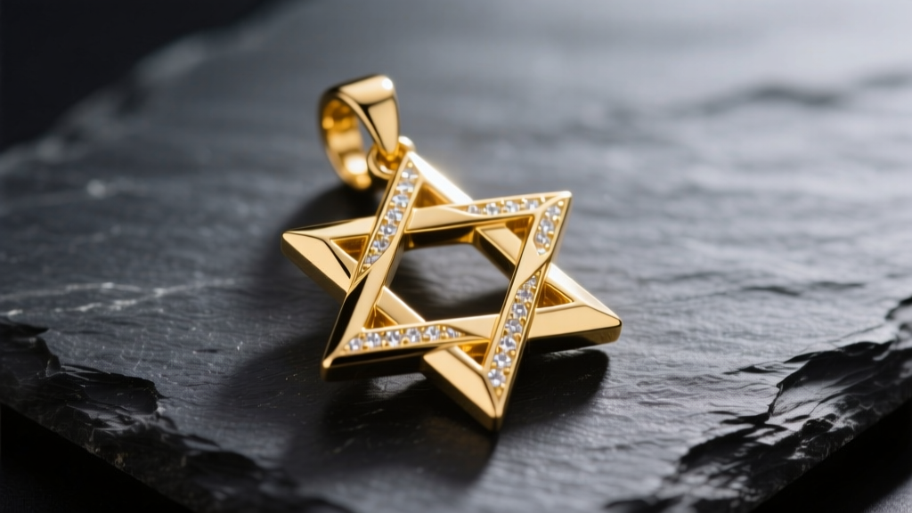 Close-up of an 18k yellow gold Jewish star necklace pendant on dark slate, highlighting the geometric overlap of the two triangles.