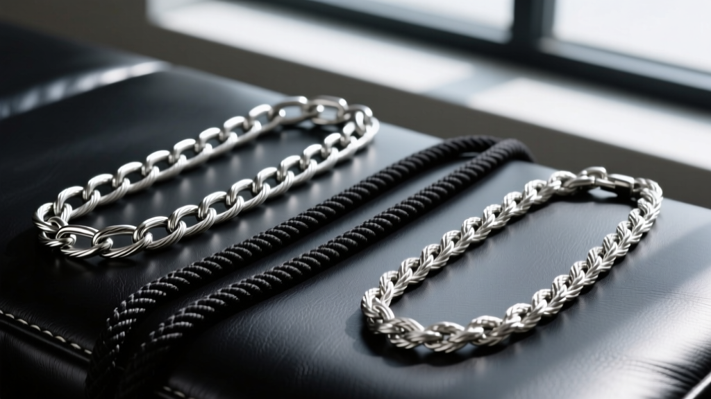 Three chains on dark leather: a 2mm stainless steel cable chain, a black waxed cotton cord, and a sterling silver rope chain.
