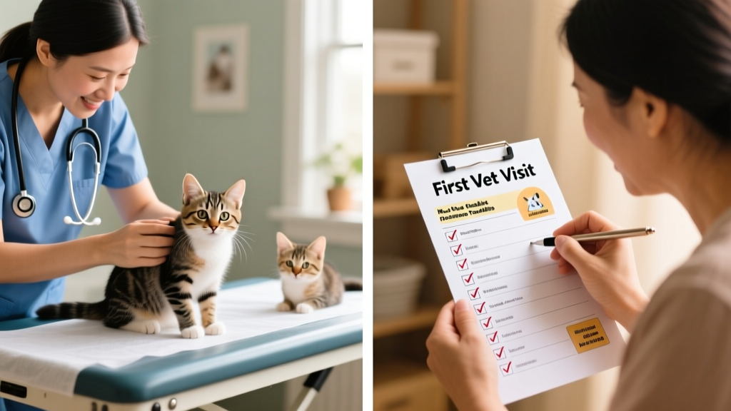 Side-by-side photos: a vet examining a kitten on an exam table, and a parent checking off items on a printed 'First Vet Visit' checklist