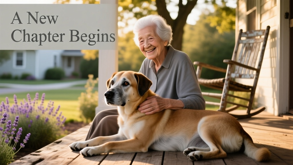An older adult smiling gently while seated beside a calm, gentle senior dog on a sunlit porch