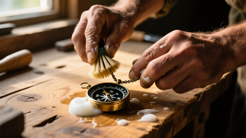 Hands scrubbing a survival compass necklace with a stiff brush and mild soap on a wooden workbench in warm golden afternoon light.