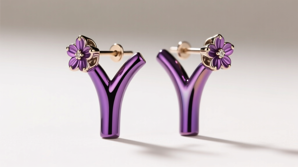 Anodized niobium YOR earrings in deep purple, showing the 14g post and floral end under bright studio lighting