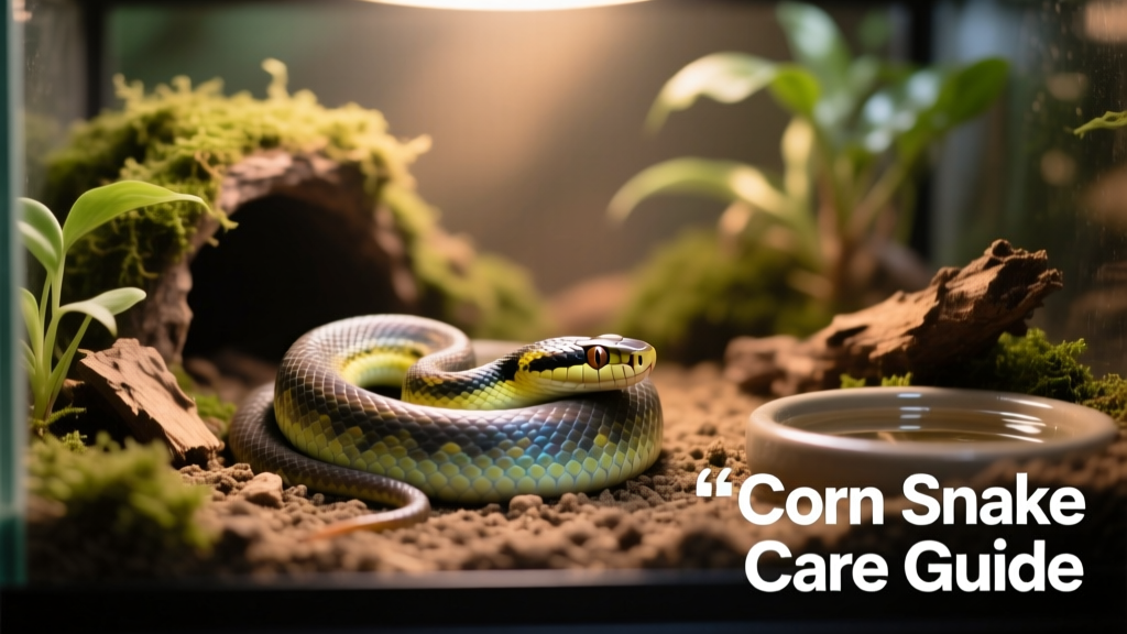 A calm corn snake coiled in a naturalistic terrarium with hides and substrate