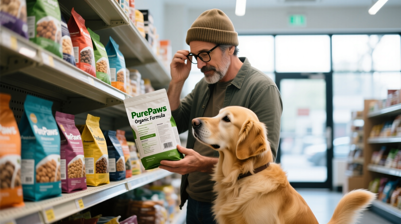 Dog owner reading dog food label at pet store