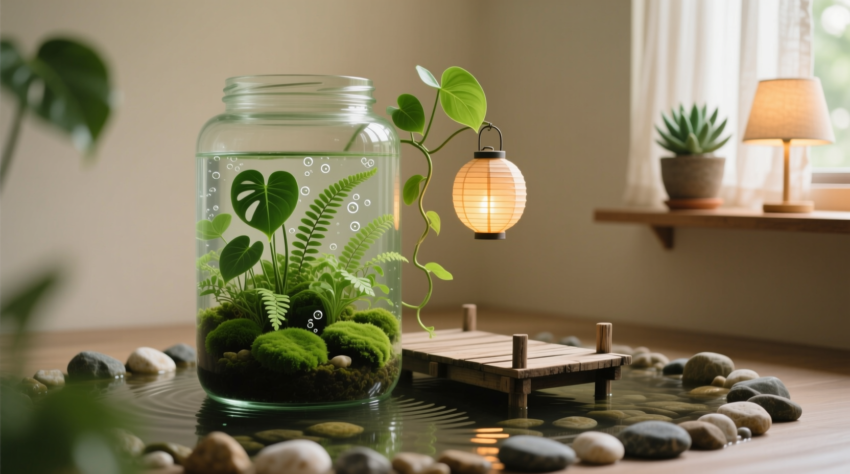 make an indoor water garden in a jar for carefree green