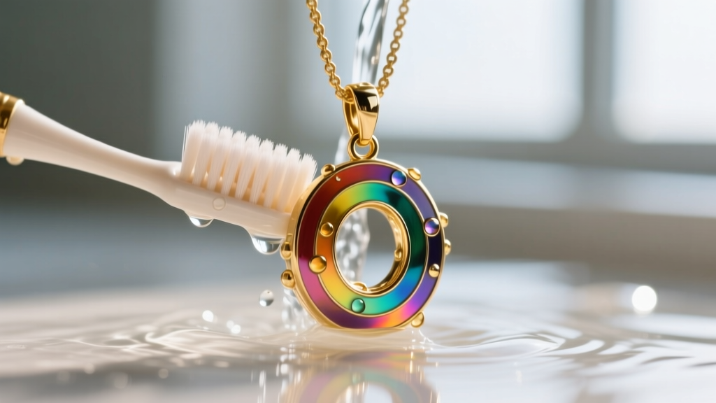 Soft toothbrush cleaning the gold-plated brass setting of a rainbow enamel pendant under a gentle stream of clear lukewarm water