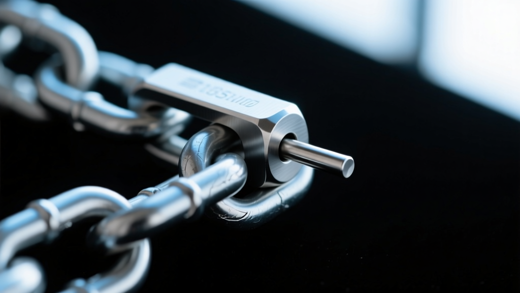 Macro photography of a custom machined stainless steel saddle clasp with a 5mm locking pin securing a thick, heavy chain link.
