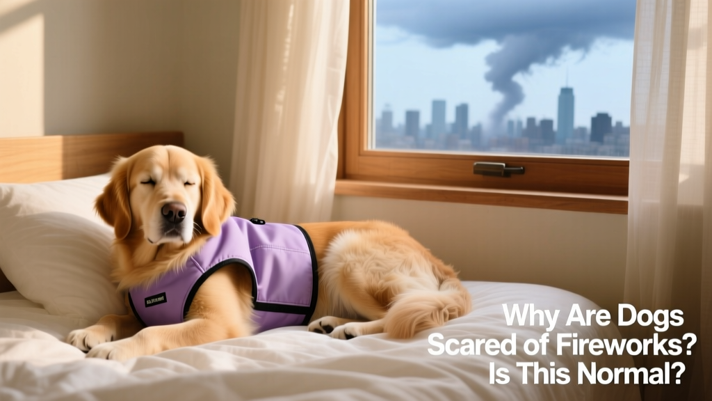 A dog wearing a calming vest while resting peacefully on a soft bed near a closed window, with dim ambient lighting