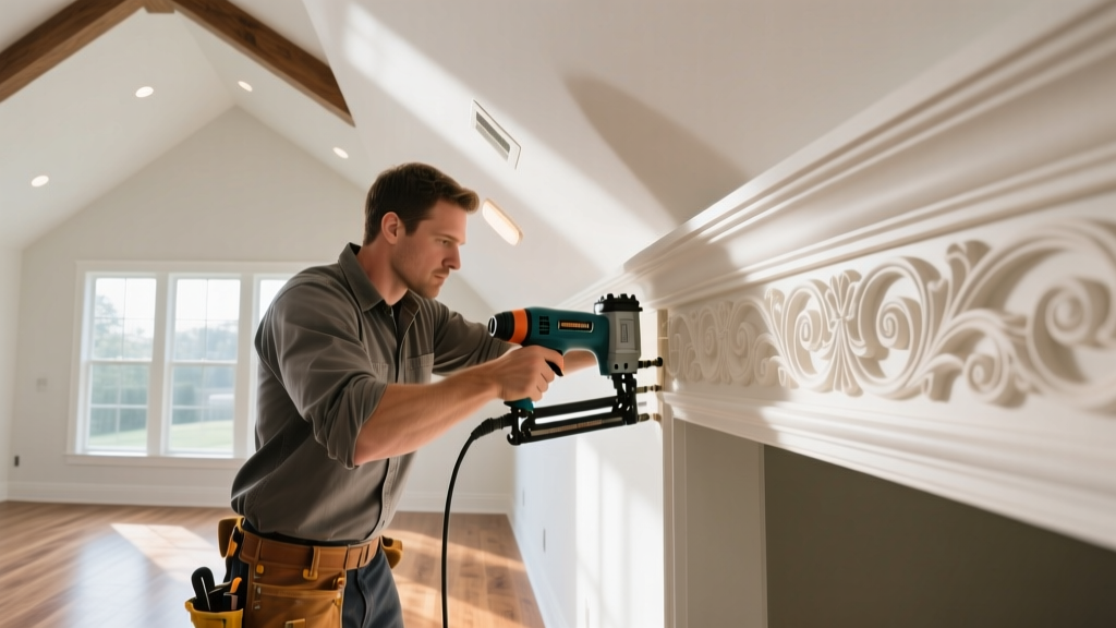 Carpenter using a pneumatic nailer to secure ornate white oak crown molding against a vaulted ceiling in a newly constructed living room