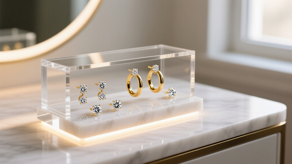 Cast acrylic earring display case on a luxury vanity, featuring warm LED backlighting to highlight diamond studs and gold hoops.