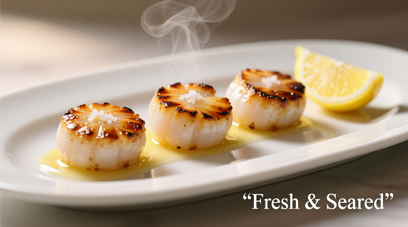 Perfectly seared sea scallops with lemon wedge garnish