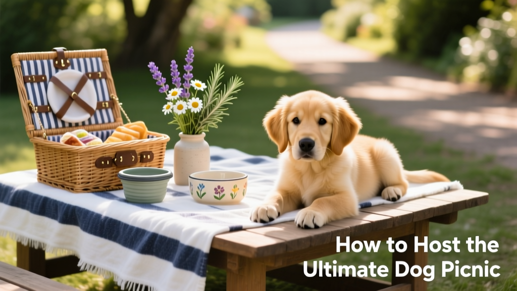 An elegant picnic setup with a striped blanket, woven basket, ceramic dog bowl, and small bouquet of pet-safe herbs on a low wooden table