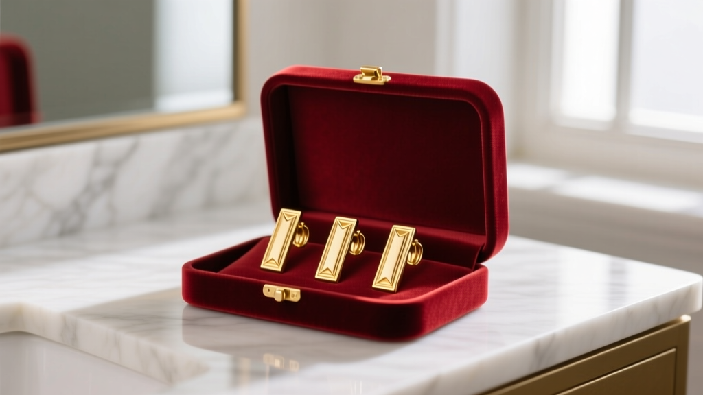 Open velvet box on marble vanity revealing 30mm 18k yellow gold long bar earrings catching soft natural window light.