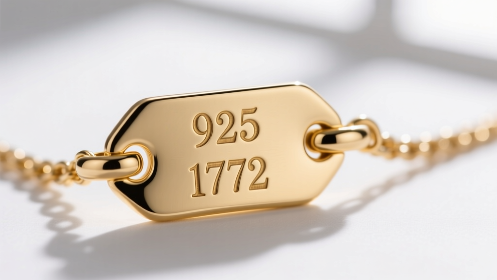 Macro shot of an Italian gold vermeil necklace clasp showing 925 and 1772 hallmarks engraved on the metal tag under bright light