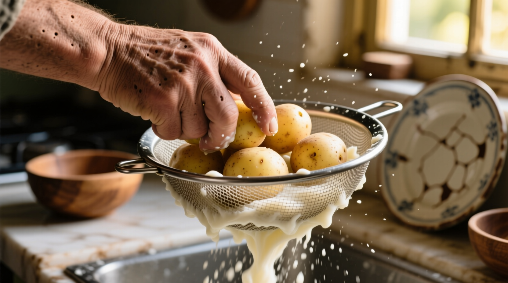Hand pressing potatoes through fine-mesh sieve