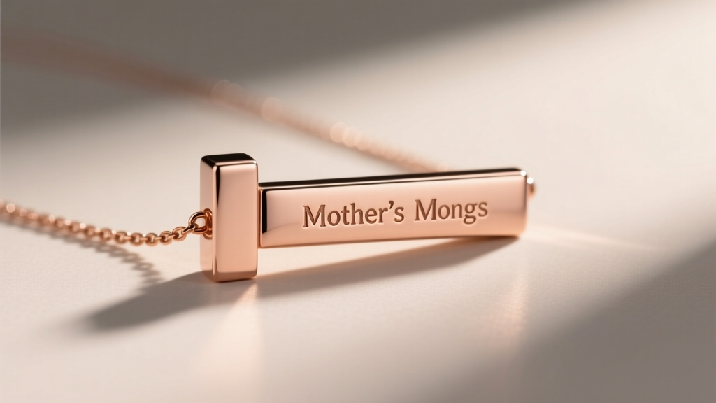 Flat lay of a modern rose gold mothers pendant featuring a minimalist geometric bar with hidden initials engraved on the back